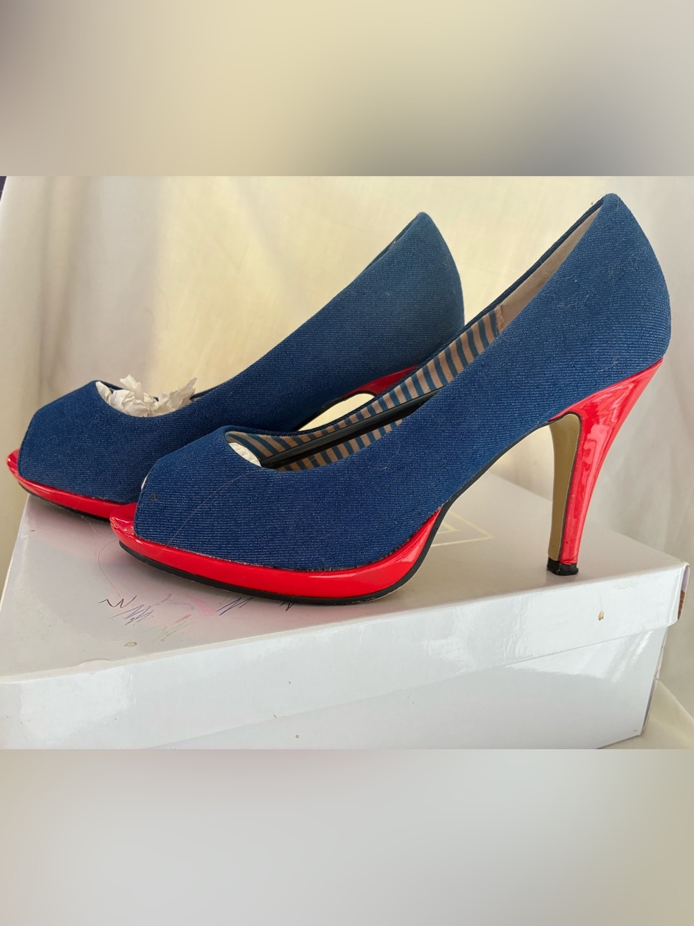 FFC New York Navy Pamela Blue Denim and Red Peep Toe Platform Heels US8